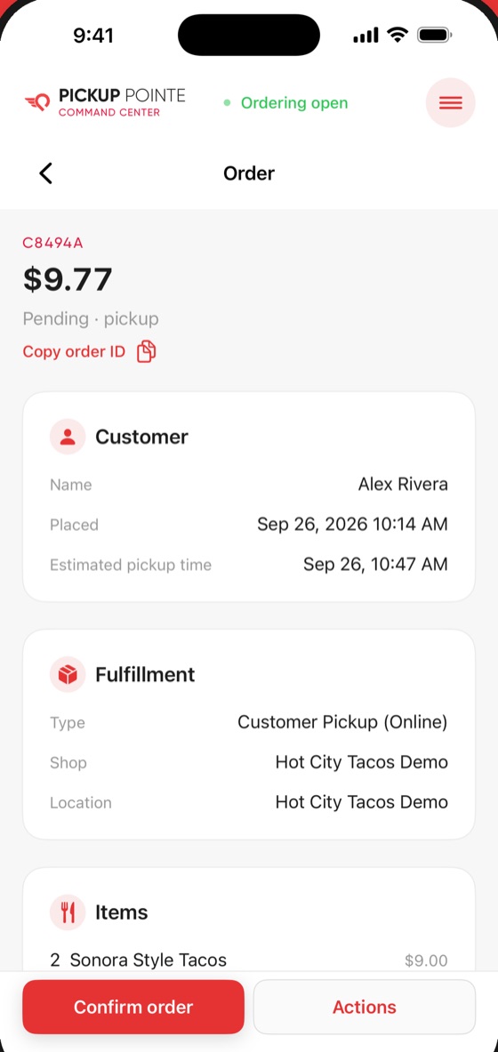 Merchant Command Order details screen