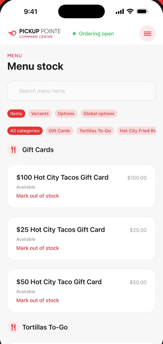 Merchant Command Stock screen
