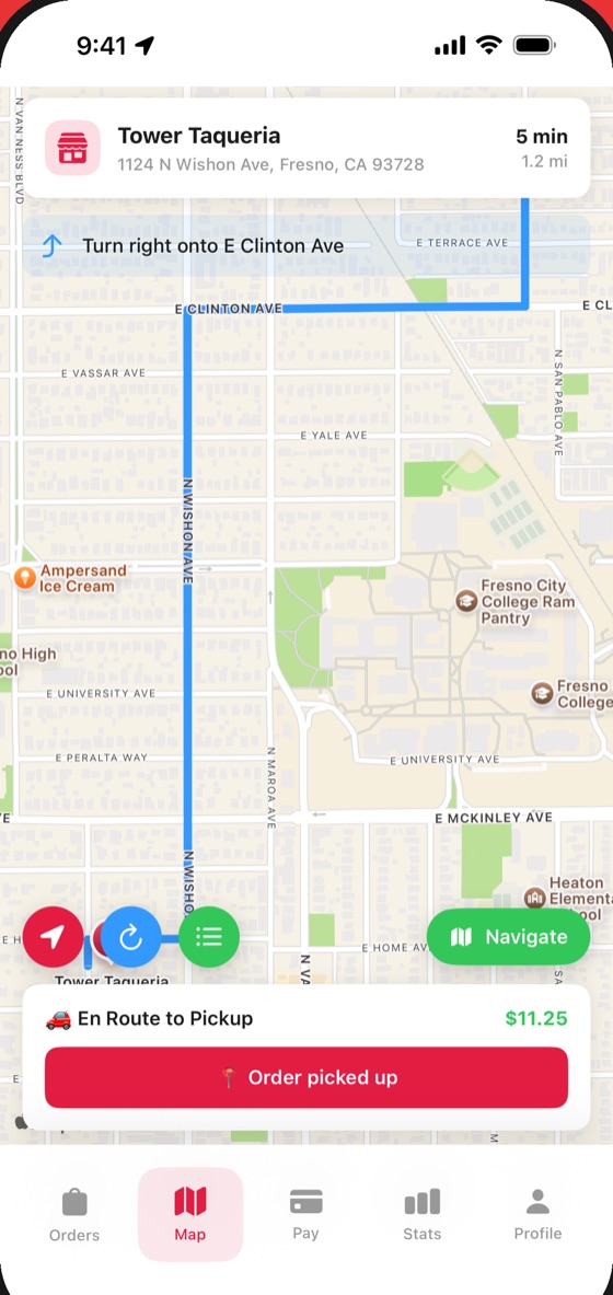 Driver app route to the restaurant